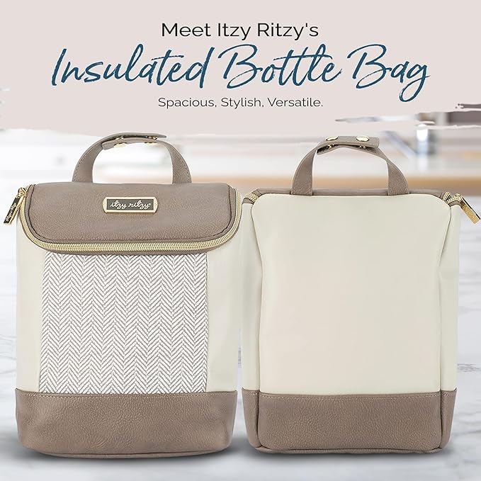 Itzy Ritzy Insulated Bottle Bag – Keeps Bottles Warm or Cool - Holds 3 Bottles & Features Interior Pocket for Ice Pack (Not Included), Vanilla Latte-CubbioJoy