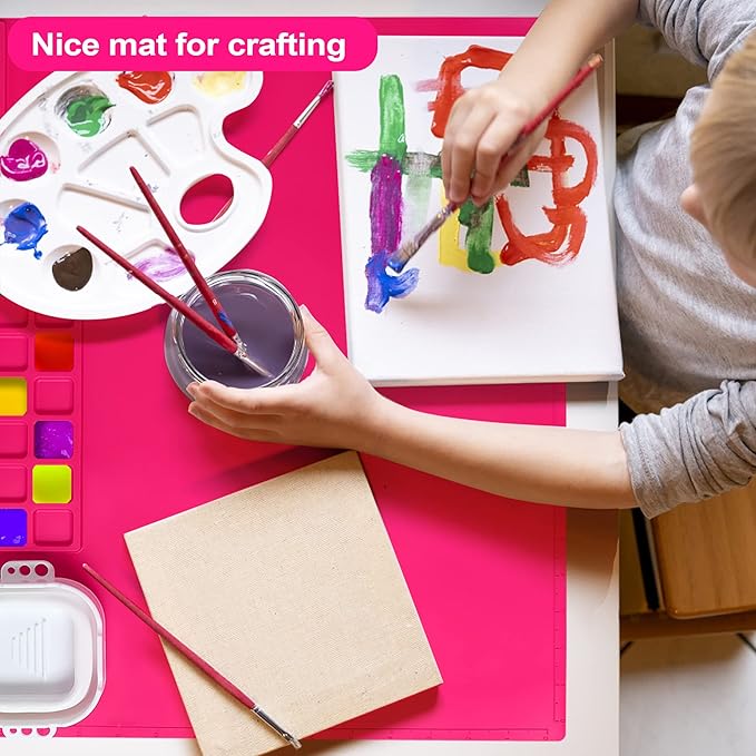 AWOKE Silicone Painting Mat - 20"X16" Silicone Art Mat with 1 Water Cup for Kids - Craft Mat has12 Color Dividers - 2 Paint Dividers (Rose)-CubbioJoy