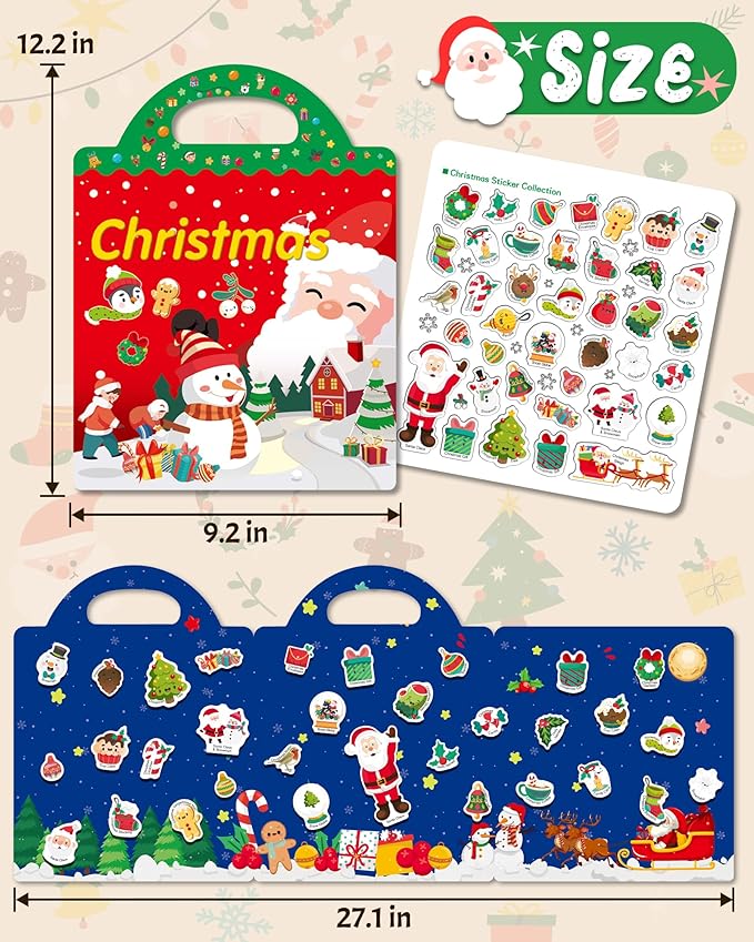 Benresive Reusable Sticker Book for Toddlers 2-4 Years, Fun Travel Stickers for Kids, Waterproof Sticker Books for Toddlers 1-3, Crafts Activities for Todddlers 1-3 2-4 3-5 - Christmas-CubbioJoy