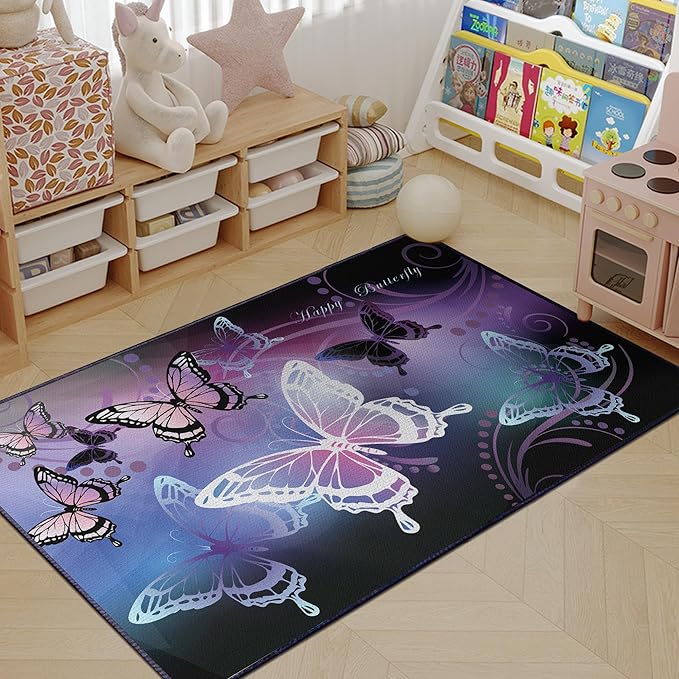 Beautiful Butterfly Fantasy Rug for Playroom Girls Bedroom Colorful Rainbow Butterfly Decor Area Carpet 2x3 Purple Mat 3D Printed Non-Slip Washable-CubbioJoy