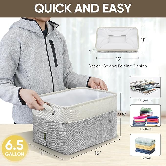 BALEINE 4 Pack Fabric Storage Bins for Shelves, Linen Storage Baskets for Organizing, Decorative Closet Bins for Clothes, Home (Grey, 15"x11"x9.5")-CubbioJoy