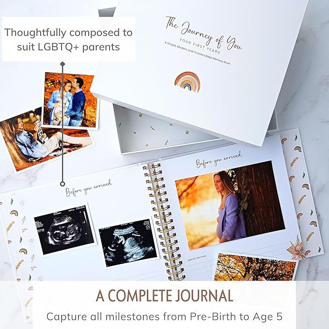 Baby Album Memory Book for Girl or Boy - First 5 Years Unisex Bohemian Rainbow Keepsake Journal to Log Newborn Milestone - Photo Album Scrapbook for Baby Shower - Unique New Parents Gifts for Couples-CubbioJoy