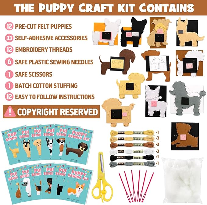 CiyvoLyeen Puppy Craft Kit Kids DIY Crafting and Sewing Set Dog Stuffed Animal Felt Plushie for Girls and Boys Educational Beginners Sewing Set Sewing Kits for Kids Age 8 9 10 11 12-CubbioJoy