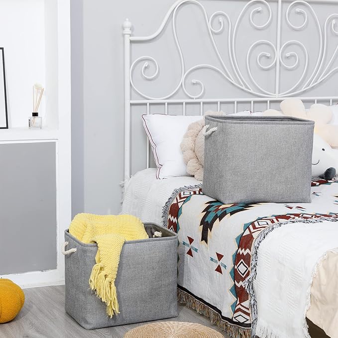 Bidtakay Collapsible Storage Bins for Clothes Large Grey Storage Baskets with Cotton Handles 17x12x15 In Set of 2 Fabric Cubby Storage Bins Livingroom Home Decorative Storage Organizer for Blankets-CubbioJoy