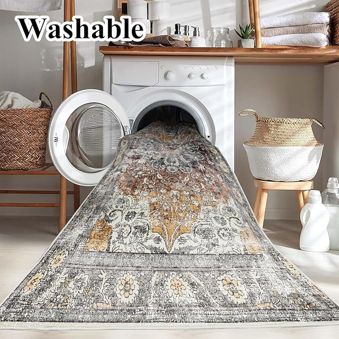 Area Rug 4x6 Washable Rug Taupe Vintage Traditional Floor Cover Foldable Thin Retro Accent Indoor Distressed Non Slip Carpet Floral Print Mat Bedroom Living Room Bathroom-CubbioJoy