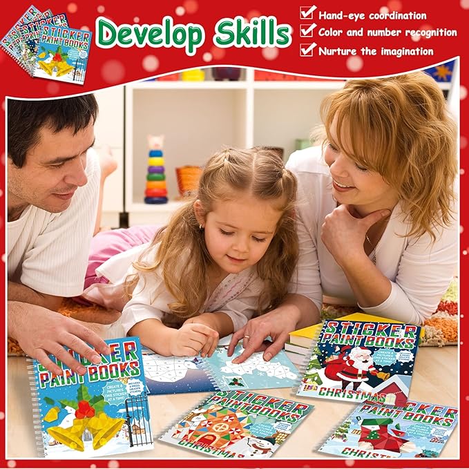 4 Pcs Christmas Paint by Sticker Books for Kids Ages 4-8 Sticker by Number Books Activity Book for Kids Ages 3-5 Sticker Puzzle Book Craft Art Toddlers Gift Snowman Santa Claus Xmas Tree 32 Pictures-CubbioJoy