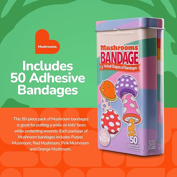 BioSwiss Bandages, Mushroom Shaped Self Adhesive Bandage, Latex Free Sterile Wound Care, Fun First Aid Kit Supplies for Kids and Adults, 50 Count-CubbioJoy