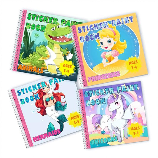 BulbaCraft 4Pcs Sticker Paint Books for Girls - Sticker Books by Number with Mermaids, Princesses, Animals and Unicorns - Coloring Activity for Kids-CubbioJoy
