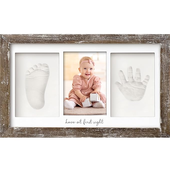 Baby Hand and Footprint Kit - Clay Handprint Keepsake Frame, Newborn Nursery Picture Frame, Personalized New Mom Gifts for Baby Shower & Registry (Barnwood)-CubbioJoy