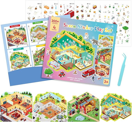 3D Sticker Scene Play Set – 4 Scenes with 300+ Stickers, Reusable Sticker Book, Waterproof Stickers for Kids & Adults-CubbioJoy