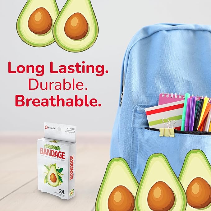 BioSwiss Bandages, Avocado Shaped Self Adhesive Bandage, Latex Free Sterile Wound Care, Fun First Aid Kit Supplies for Kids, 24 Count-CubbioJoy