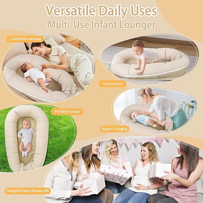 Baby Lounger, Deluxe Infant Lounger, Baby Nest Cover for Baby, Breathable Cotton, Adjustable Baby Floor Seat for Tummy Time, Newborn Essentials for Baby 0-12 Months (Khaki)-CubbioJoy