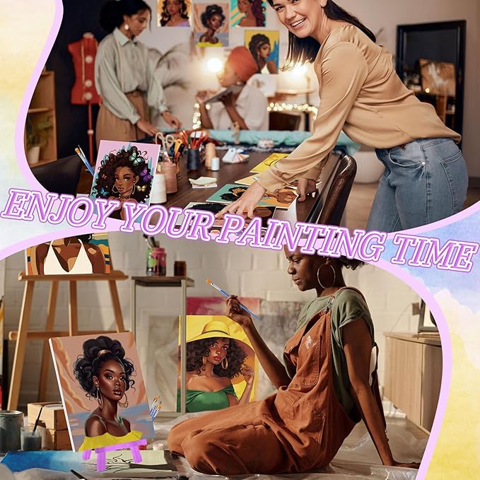 Blosssound 10 Set Pre Printed Canvas Pre Drawn Canvas Painting with Easel Kits 5" x 7" Outline Painting Panels for Beginners, DIY Craft Project, Party Favor, Home Decors(Black Women)-CubbioJoy