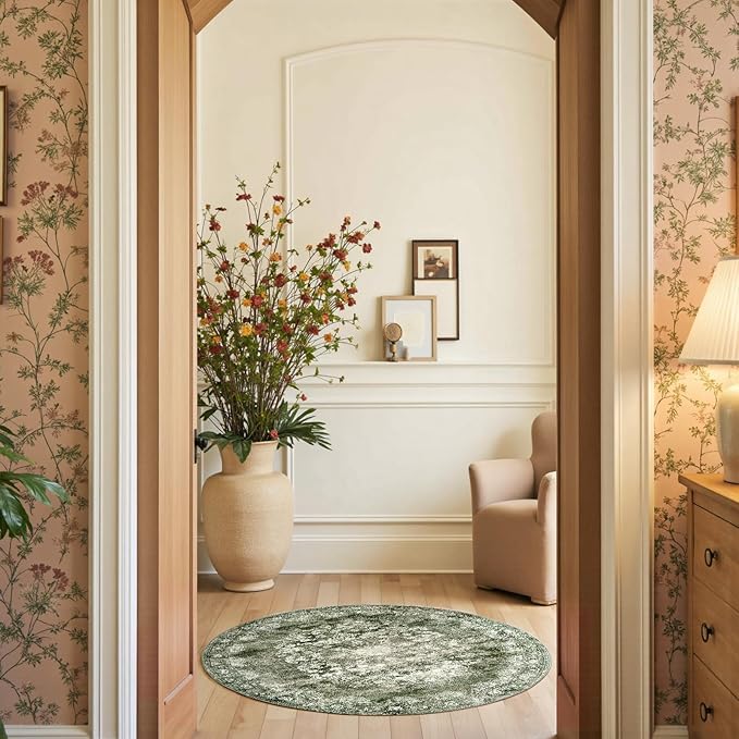 jinchan Round Rug 4ft Area Rug - Green Vintage Floor Mat Kitchen Indoor - Washable Circle 4' Thin Floral Print Carpet Retro Farmhouse Non Slip Dining Room Living Room Bedroom Office-CubbioJoy