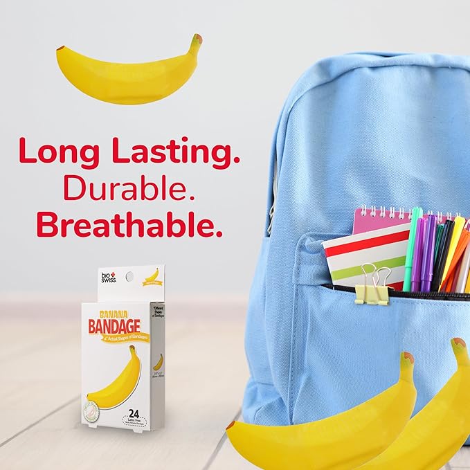 BioSwiss Bandages, Banana Shaped Self Adhesive Bandage, Latex Free Sterile Wound Care, Fun First Aid Kit Supplies for Kids, 24 Count-CubbioJoy