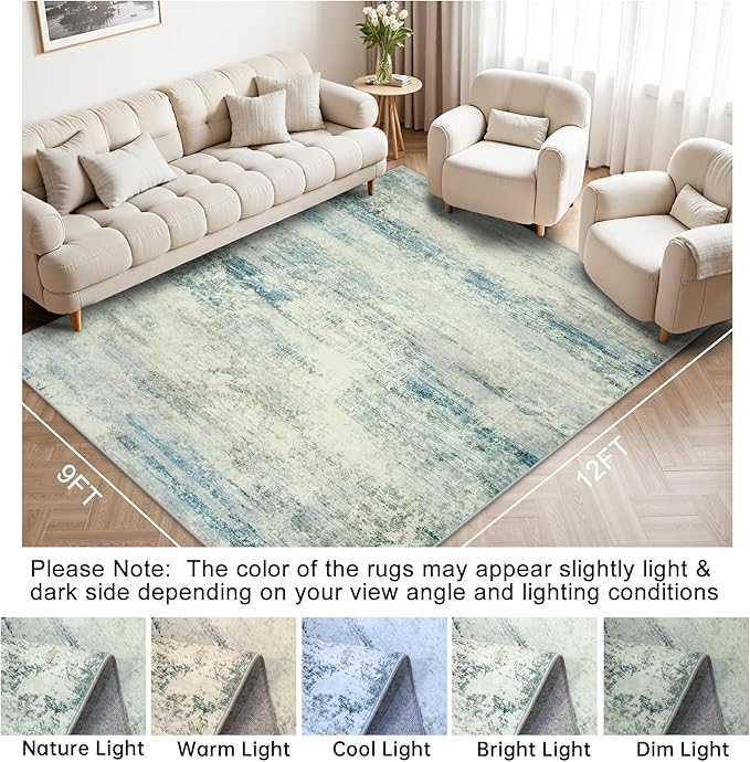 Area Rug 9x12 Washable Rugs: Abstract Large Living Room Rugs with Non-Slip Backing, Thin Carpet for Dining Room Table Bedroom Nursery Indoor Home Office-Blue/Gray-CubbioJoy