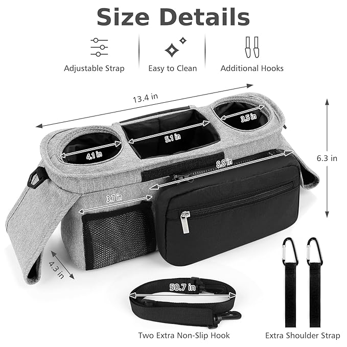Accmor Universal Stroller Organizer with Insulated Cup Holder Detachable Phone Bag and Shoulder Strap,Stroller Bag Caddy Organizer Fits for Uppababy, Baby Jogger, Britax Strollers-CubbioJoy