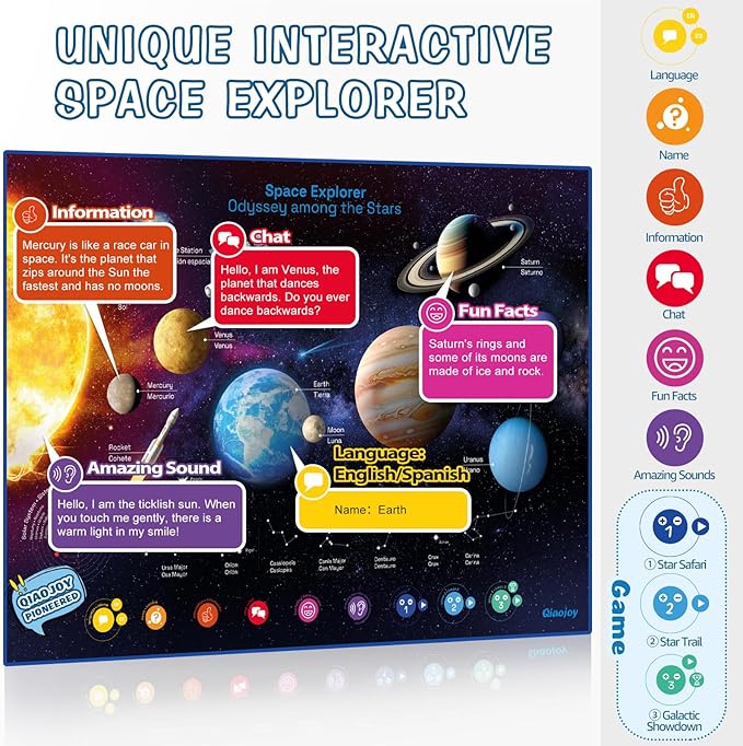 Bilingual Interactive for Kids Talking Dinosaur Space Poster for Kids Learning and Educational Toys,Talking Educational Dinosaur Toy for Ages 3 to 12 Years Old,Space Theme Wall Decor for Preschool-CubbioJoy