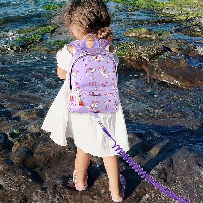 Accmor Toddler Backpack Leash with Anti Lost Wrist Link, Cute Mini Child Walking Harnesses Keep Kids Close Back Pack Rope Tether Rein for Baby Boys (Purple/Unicorn)-CubbioJoy