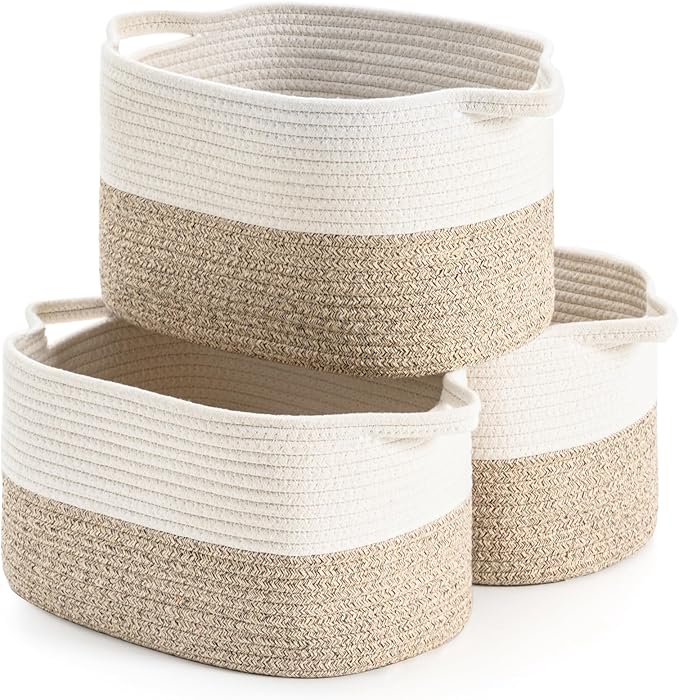 Cotton Rope Woven Storage Basket, Used for Baby Hamper Toy Organizer, Gift Baskets Empty,Kids Laundry Basket,Baby Blanket Basket. Size 15x10x8.7 Inches. (White&Brown-3PCS)-CubbioJoy