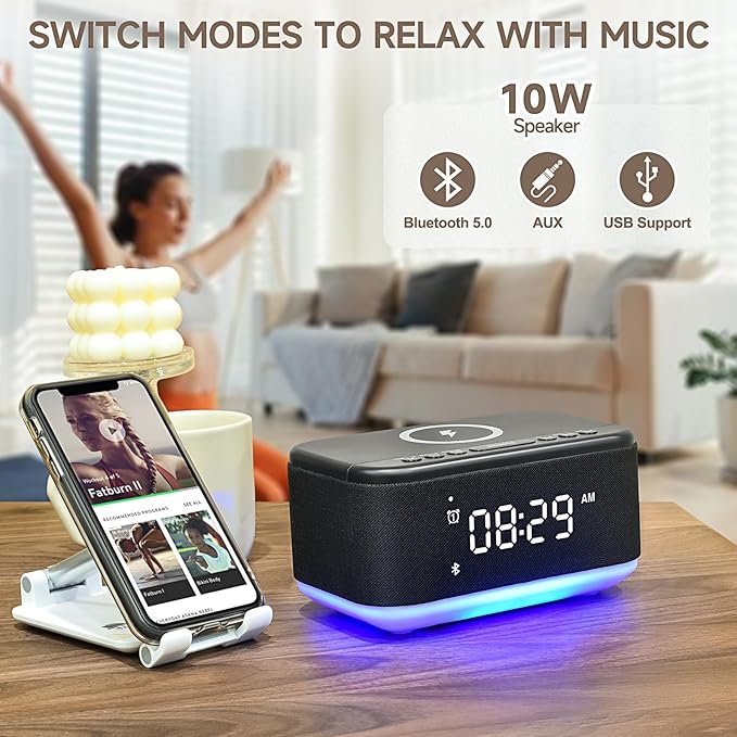 Alarm Clock Speaker Wireless Charger, Digital Alarm Clocks Bedrooms Bluetooth, Alarm Clock Dimmable Light Bedrooms Dual Alarm Snooze Dimmer 12 24H RGB Night Light Bluetooth USB AUX, Black-CubbioJoy
