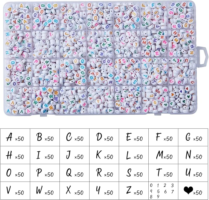 1400pcs Letter Beads, 4x7 mm Acrylic Alphabet Beads, Beads for Jewelry and Bracelet Making, in 28 Grid Box (White and Colorful)-CubbioJoy