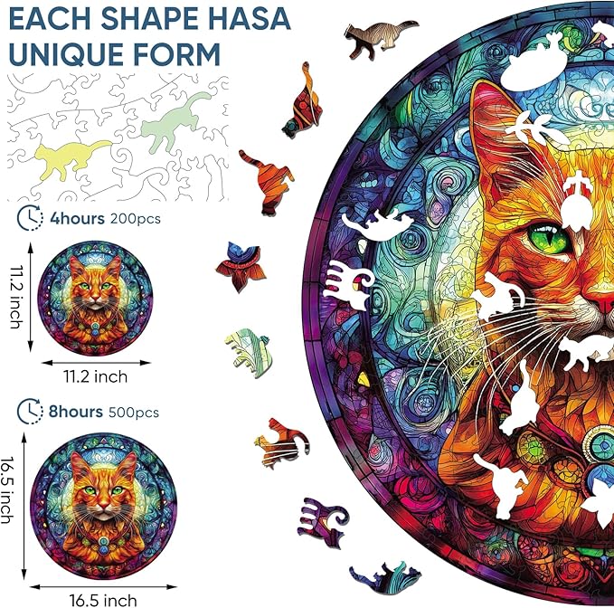 Cool Wooden Puzzle for Adults 500 Piece, Yellow Cat Wooden Jigsaw Puzzles, Beautiful Wooden Puzzle with Box Birthday Gifts for Adults and Kids Family Game(16.5 * 16.5in)-CubbioJoy