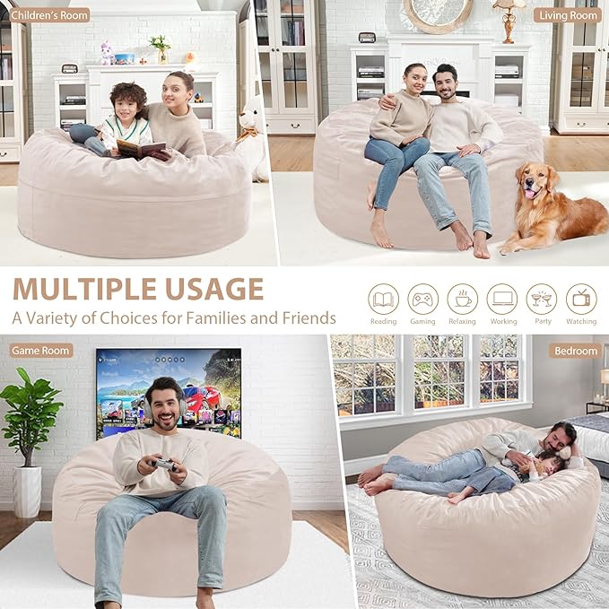 4FT Bean Bag Chair, Large Bean Bag Chairs with Memory Foam Filled, Fluffy Beanbag Sofa with Dutch Velvet Cover, Round BeanBag Chairs for Living Room, Playroom - Beige-CubbioJoy