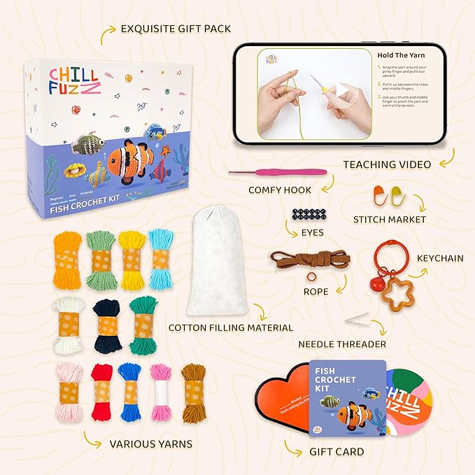ChillFuzz Animal Crochet Kit Beginner Crochet Kit for Adults and Kids with Yarn Hook and Instructions Creative DIY Craft Project Aquarium-CubbioJoy