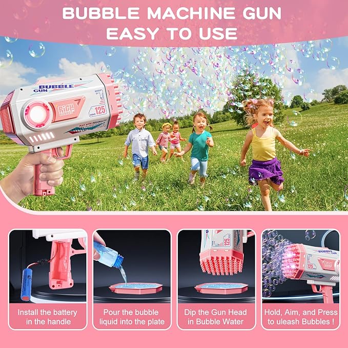 Bubble Gun, Upgraded 125 Holes Bubble Guns for Wedding, Pink Bubble Machine for Kids Age 3 4 5 6 7 8 9 10 11 12 Year Old, Big Bubble Blower Gun with Lights, Halloween Outdoor Party Favors-CubbioJoy