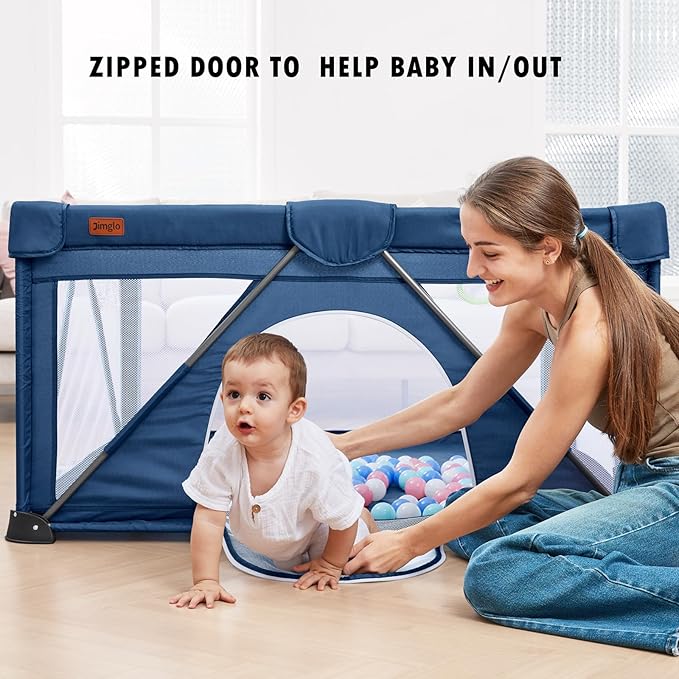 Baby Playpen Foldable, Playard for Babies and Toddlers, Portable Playpen Activity Center with 50 Balls+2 Handles for Travel, Indoor & Outdoor Play Pen with Mesh 50''x50''-CubbioJoy