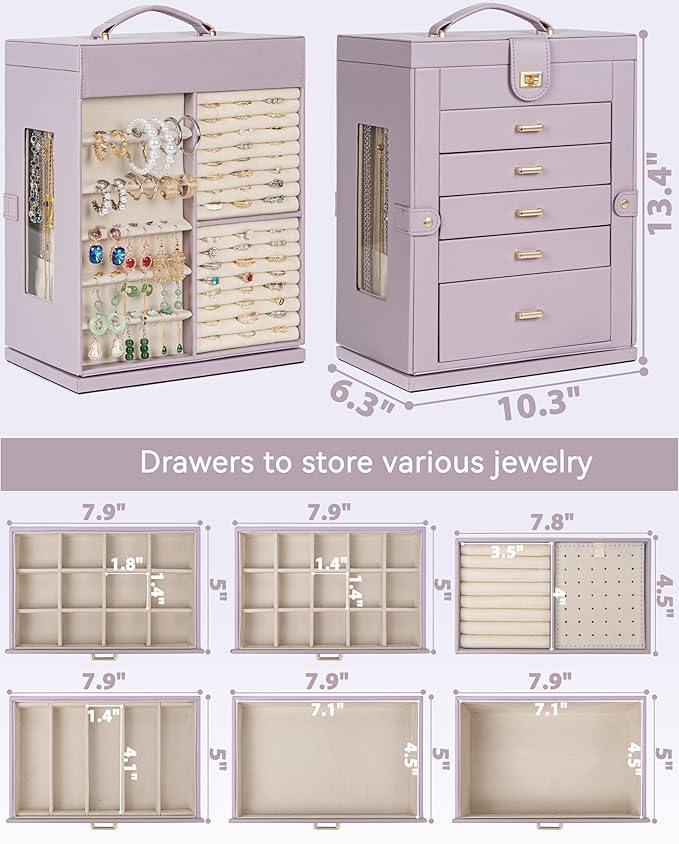 AKOZLIN 360° Rotating Jewelry Box 6-Tier Organizer Functional Jewelry Storage Case for Women Girls Ring Necklace Earring Bracelet Holder with Mirror Purple-CubbioJoy