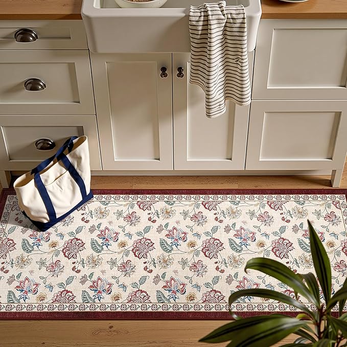jinchan 2x5 Floral Runner Rug for Hallway Washable Kitchen Runner Vintage Romance Design Non Slip Thin Indoor Floor Cover Low-Profile Throw Carpet for Entryway Bathroom Bedroom Porch, Red/Beige-CubbioJoy