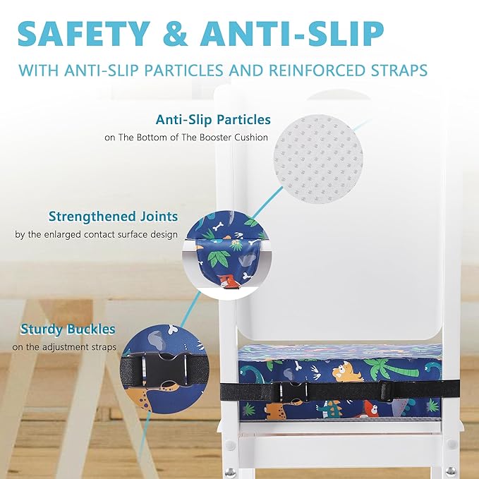 Booster Seat for Kitchen Chair with Adjustable Straps, Toddler Booster Seats for Dining Table Portable for Travel Camping Eating, Booster Cushion for Table for Baby Child Infant Kid Boy Girl-CubbioJoy