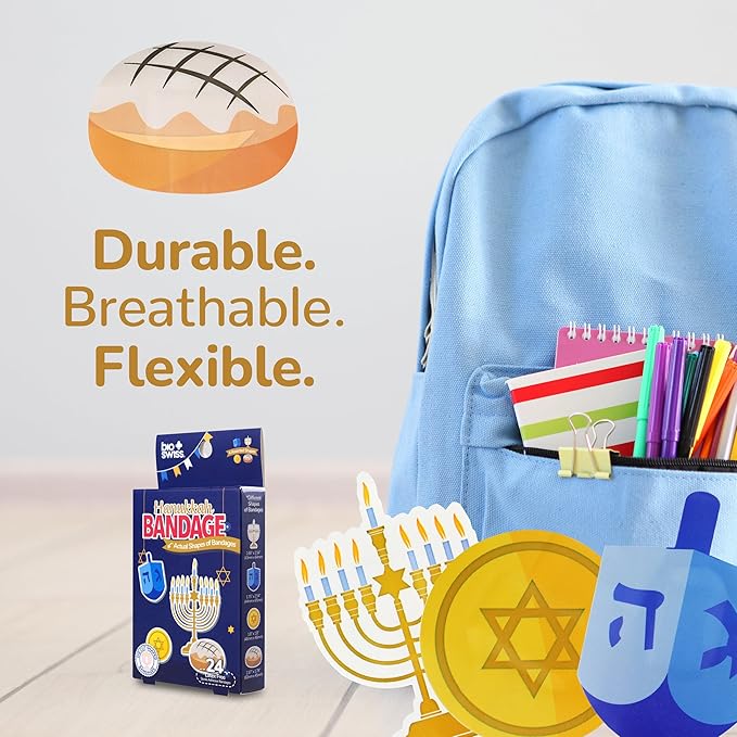 BioSwiss Bandages, Hanukkah Shaped Self Adhesive Bandage, Latex Free Wound Care, Fun First Aid Kit Supplies for Kids and Adults, 24 Count-CubbioJoy