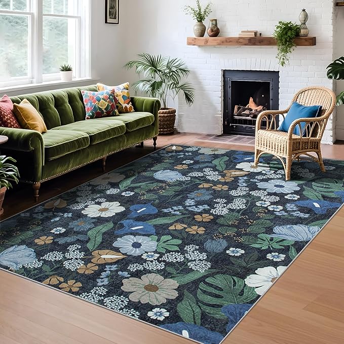 Area Rug Living Room Rugs: 5x7 Washable Rug Vintage Floral Soft Boho Non Slip Carpet Indoor Floor Non Shedding Low Pile Thin Carpets for Bedroom Dining Room Farmhouse Nursery Home Office Blue-CubbioJoy
