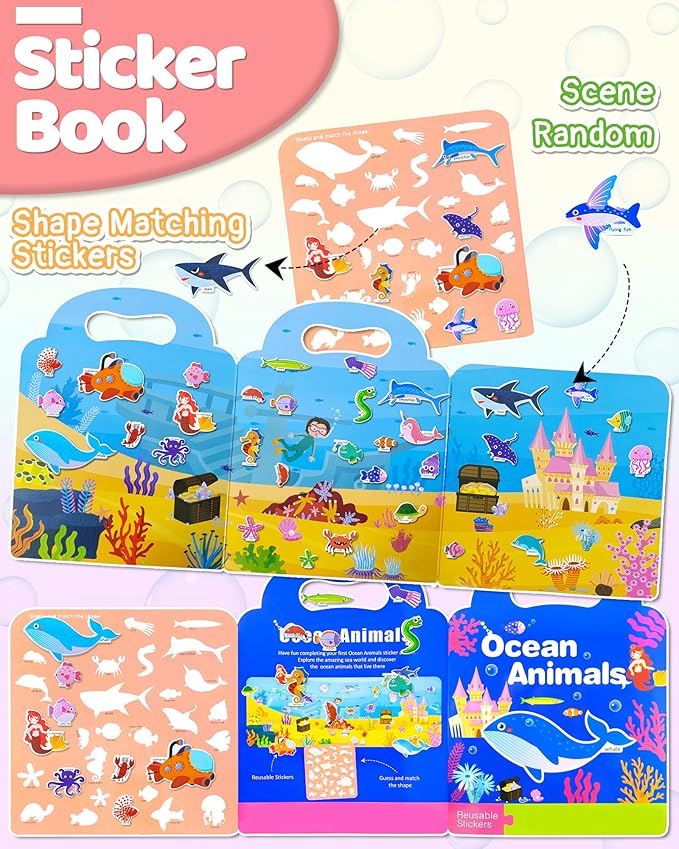 Benresive Reusable Sticker Books for Kids 2-4, Sticker Books for Toddlers 1-3 2-4, Toddler Travel Toys Activities Crafts Gifts - Ocean-CubbioJoy