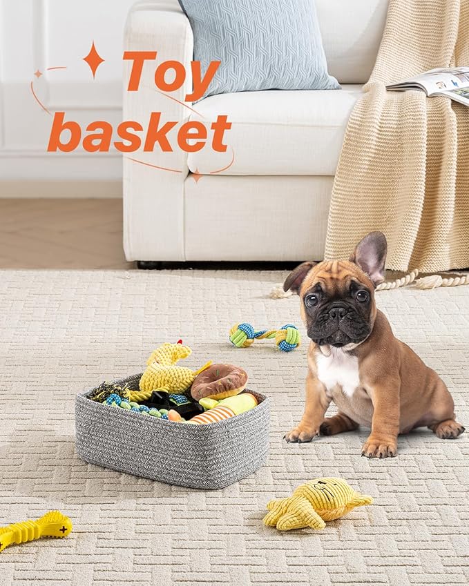 KALLAX Small Woven Basket, 12 x 8 x 4.5 Inches, Storage Basket for Organizing, Cute Small Rope Shelf Closet Cube Storage Bins Baskets for Shelves, Dog Toy Gift Baskets Empty, 3 Packs, Mixed Grey-CubbioJoy
