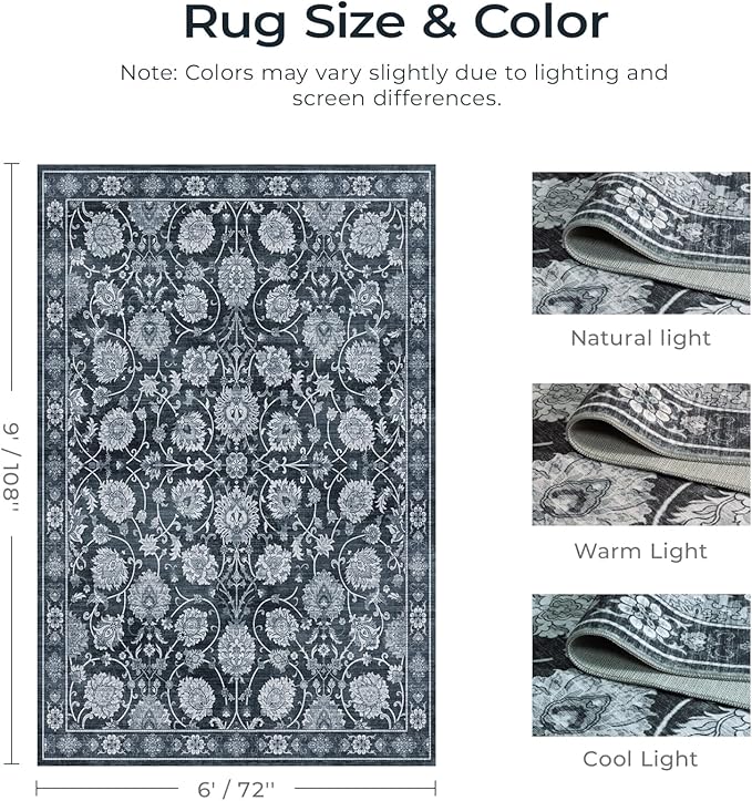 6x9 Area Rug for Living Room & Bedroom, Washable Non-Slip Vintage Distressed Rugs, Floral Soft Carpet, Low Pile Wool Carpets for Indoor Dining Home Office Playroom Under Table, Black-CubbioJoy