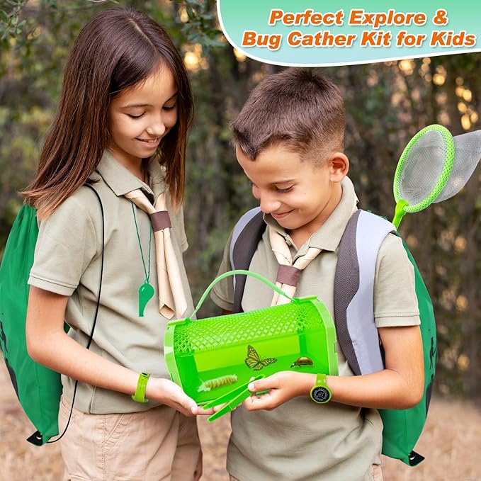 Bug Catcher Kit & Outdoor Explorer Kit for Kids, 10 Pcs Bug Catching Kit with Toy Cage, Backpack, Flashlight, Manifying Glass, Toy Net, Outdoor Exploration Toys Gift for Boys Girls 3-12-CubbioJoy