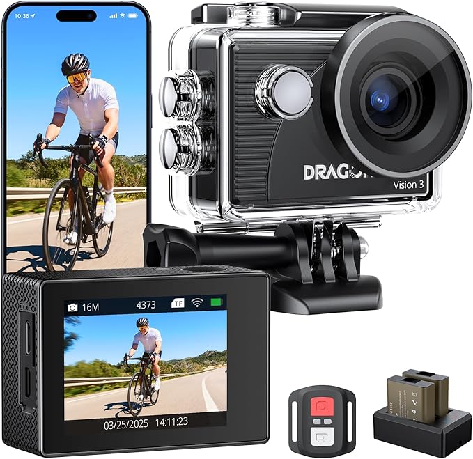 Dragon Touch 4K Action Camera 20MP Vision 3 Underwater Waterproof Camera 170° Wide Angle WiFi Sports Cam with Remote 2 Batteries and Mounting Accessories Kit-CubbioJoy
