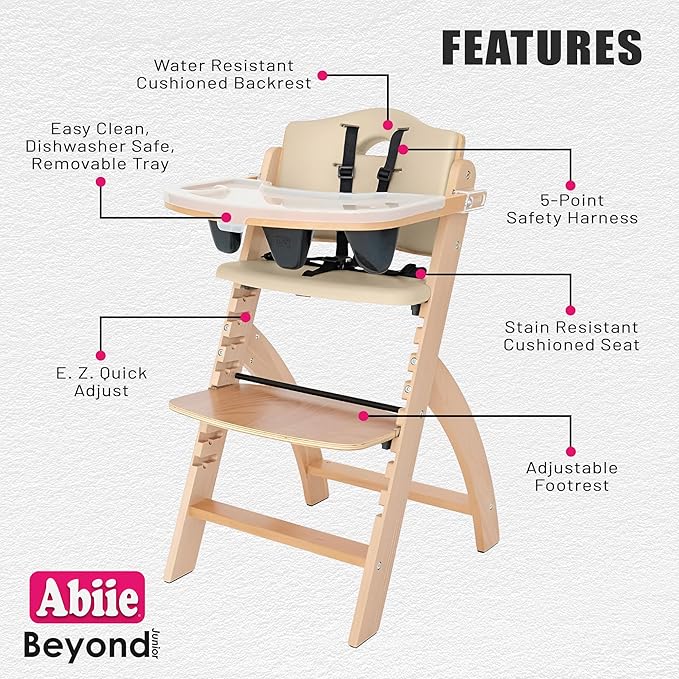 Abiie Beyond Junior Wooden High Chair with Tray - Adjustable and Convertible High Chair for Babies and Toddlers - 6 Months to 250 Lb - Water Resistant - Natural Wood with Beige Cushion-CubbioJoy