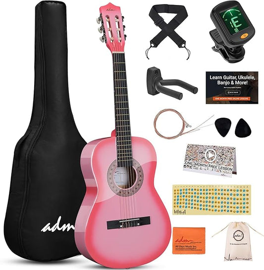 ADM Beginner Acoustic Classical Guitar 36 Inch Nylon Strings Wooden Guitar Bundle Kit for Kid Boy Girl Student Youth Guitarra Online Lessons with Gig Bag, Strap, Tuner, Strings, Picks, Pink-CubbioJoy