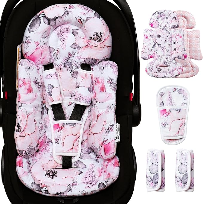 Infant Car Seat Insert, Enlarged Head Support for Baby Carseat, Reversible Newborn Insert with 3 Strap Covers, 2-in-1 Baby Car Seat Cushion for Stroller, Swing, Bouncer, Rocker - Pink Floral-CubbioJoy