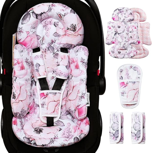 Infant Car Seat Insert, Enlarged Head Support for Baby Carseat, Reversible Newborn Insert with 3 Strap Covers, 2-in-1 Baby Car Seat Cushion for Stroller, Swing, Bouncer, Rocker - Pink Floral-CubbioJoy