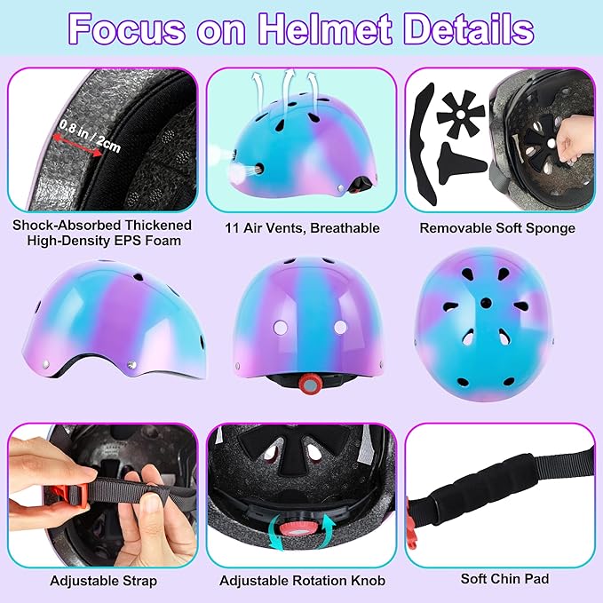 Kids Bike Helmet with DIY Stickers and Knee Pads Elbow Pads Wrist Guard Set for Ages 3-8-14 Toddler Boys Girls Helmet for Roller Skates Cycling Skateboarding Bicycle Scooter-CubbioJoy