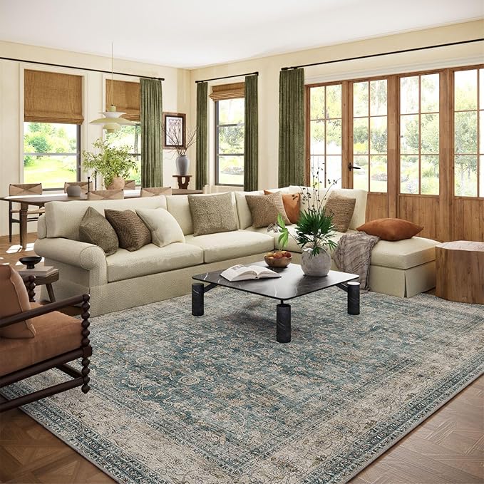 Area Rugs 10x14 Living Room: Washable Rugs for Bedroom Vintage Stain Resistant Non Slip Low Pile Large Boho Carpet for Kitchen Dining Room Farmhouse Kids Room Nursery-CubbioJoy