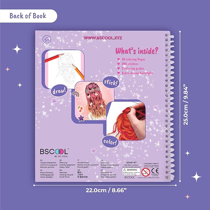 BSCOOL - Drawing, Coloring & Activity Book. Create Hairstyles with Stickers and Guides. Fashion Design Sketchbook for Kids 5 and up. Little Designer Creativity Book - Fashion Design for Kids-CubbioJoy