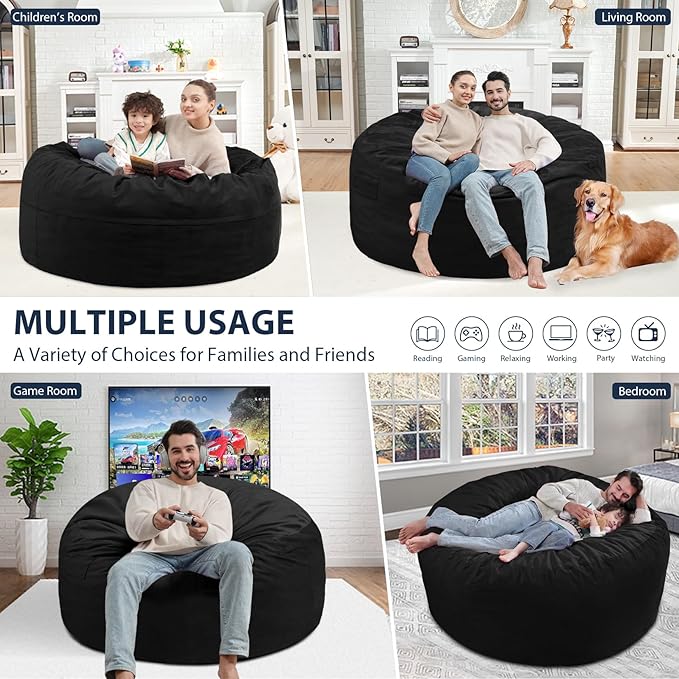 4FT Bean Bag Chair, Large Bean Bag Chairs with Memory Foam Filled, Fluffy Beanbag Sofa with Dutch Velvet Cover, Round BeanBag Chairs for Living Room, Playroom - Black-CubbioJoy