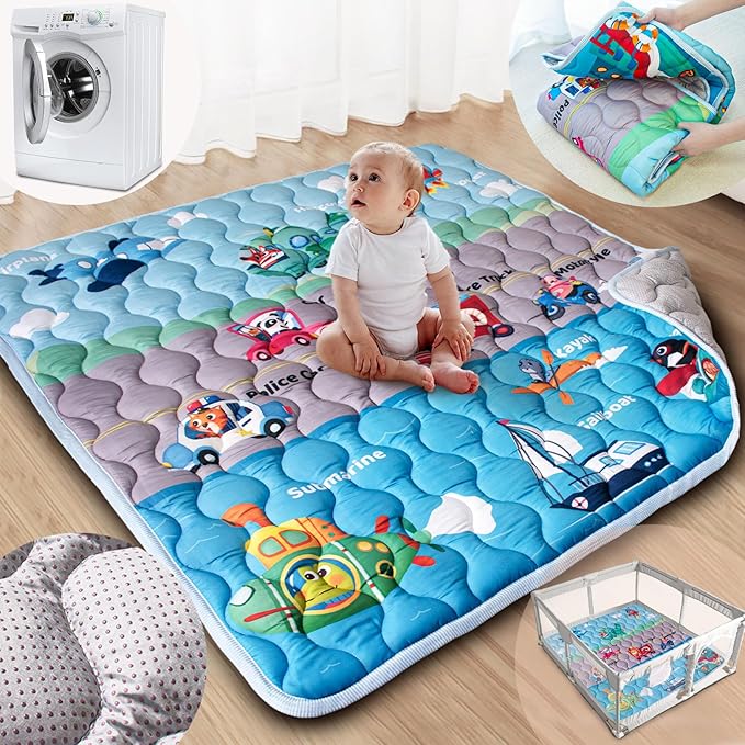 Baby Play Mat, 50x50 Playpen Mat with Super Soft Touch, Activity Mat with Upgraded Anti-Slip Bottom, Machine Washable Crawling Mat for Floor & Picnic (Vehicles)-CubbioJoy
